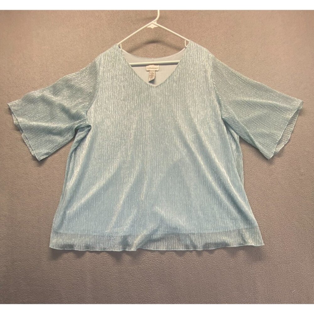 Catherines BLOUSE Women 1X  18/20W BLUE  Short Sleeve V-Neck Relaxed Fit